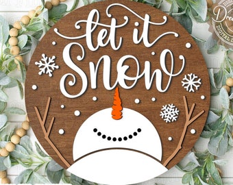 Let It Snow Round SVG DXF Cut Files - Printable PDF Png Files - Snowman Door Hanger - Glowforge Laser Cut Files Included - Digital Download