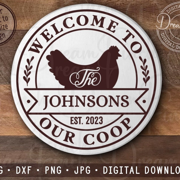 Bienvenido a nuestro Coop SVG DXF JPG Png Doorhanger Signo de bienvenida Personalizar usando su propia fuente - Descarga digital
