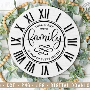 O tempo gasto com a família vale cada minuto Mostrador de relógio SVG DXF Arquivos cortados a laser para impressão JPG e Png Fazenda Vintage Rústico Mostrador de relógio Lase