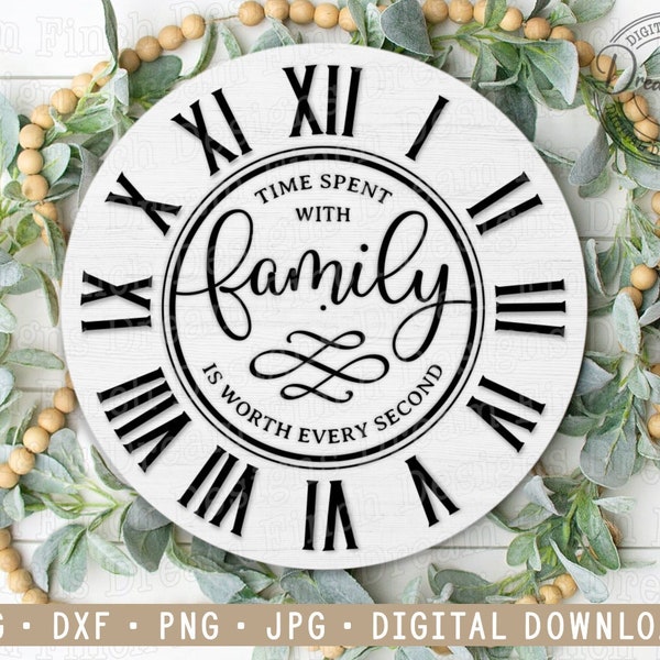 Time Spent with Family Is Worth Every Minute Clock Face SVG DXF Laser Cut Files Printable JPG & Png Farmhouse Vintage Rustic Clock Face Lase