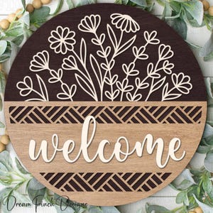 Welcome Floral Door Hanger SVG, Laser Cut Floral Door Hanger SVG, Spring Welcome Round SVG, Laser Cut Files, Floral Round for Laser