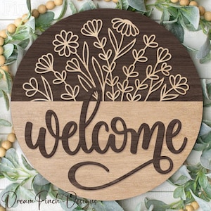 Welcome Floral Door Hanger SVG, Laser Cut Floral Door Hanger SVG, Spring Welcome Round SVG, Laser Cut Files, Floral Round for Laser