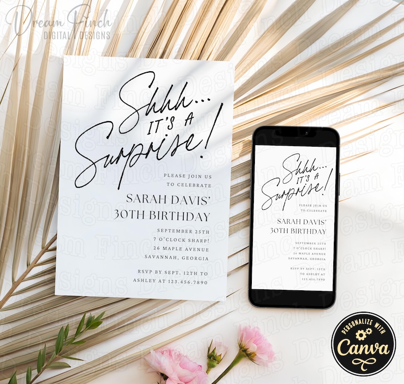 Surprise Birthday Invitation, Editable Canva Template, 5x7 Printable Card & Digital Evite, Surprise Party Invite, DIY Instant Download