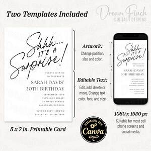 Surprise Birthday Invitation, Editable Canva Template, 5x7 Printable Card & Digital Evite, Surprise Party Invite, DIY Instant Download