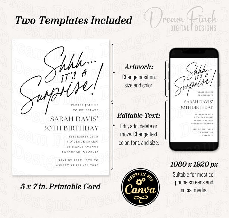 Surprise Birthday Invitation, Editable Canva Template, 5x7 Printable Card & Digital Evite, Surprise Party Invite, DIY Instant Download