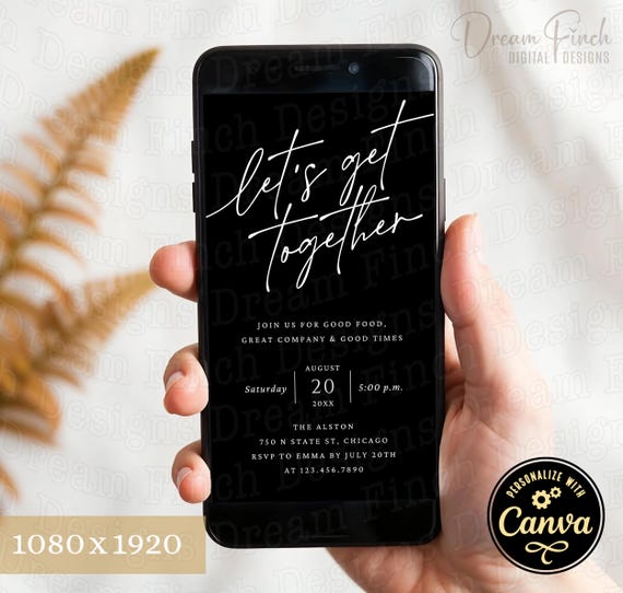 Let’s Get Together Invitation Mobile Template | Editable Canva Digital Download | Phone Evite | Modern Minimalist Party Invite