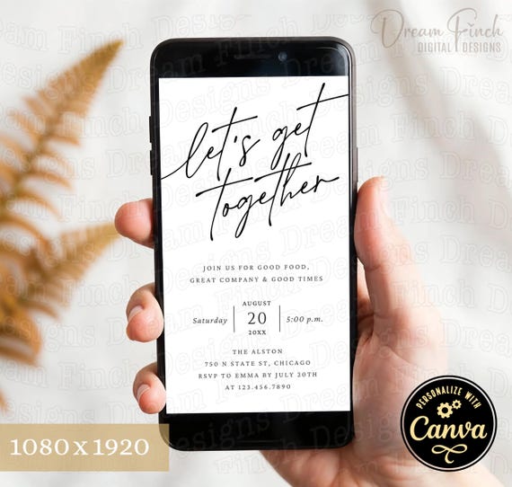 Let’s Get Together Invitation Mobile Template | Editable Canva Digital Download | Phone Evite | Modern Minimalist Party Invite