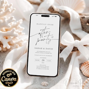 Puede incluir: Un tel&eacute;fono inteligente que muestra una invitaci&oacute;n de boda digital con texto negro sobre fondo blanco. El texto dice Happily Ever After Party, Sarah & David, e incluye los detalles del evento para el 28 de noviembre de 2026 en The Alston, Chicago.