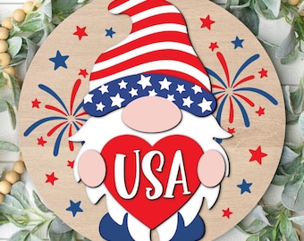 4th Of July Gnome Door Hanger SVG • Patriotic Welcome Round Sign SVG • 4th of July Fireworks Glowforge Cut File Xtool SVG Dxf Eps Cut Files