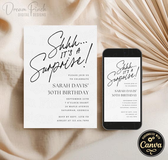 Surprise Birthday Invitation, Editable Canva Template, 5x7 Printable Card & Digital Evite, Surprise Party Modern Invite, Instant Download