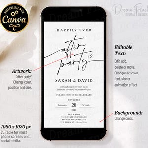 Puede incluir: Una plantilla de invitaci&oacute;n de boda digital mostrada en la pantalla de un tel&eacute;fono inteligente con el texto HAPPILY EVER after party, SARAH & DAVID, will exchange their vows in an intimate ceremony on November 21st, PLEASE JOIN US TO CELEBRATE, NOVEMBER, Saturday 28 7 o'clock 2026, THE ALSTON 750 N STATE ST, CHICAGO, RSVP TO EMMA AT 123.456.7890.