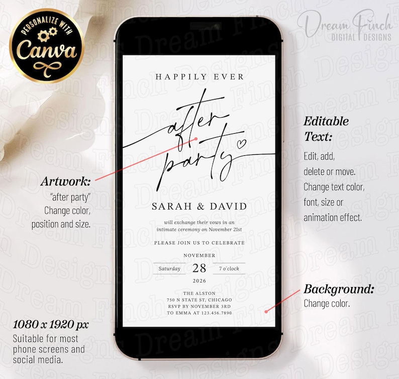 Puede incluir: Una plantilla de invitaci&oacute;n de boda digital mostrada en la pantalla de un tel&eacute;fono inteligente con el texto HAPPILY EVER after party, SARAH & DAVID, will exchange their vows in an intimate ceremony on November 21st, PLEASE JOIN US TO CELEBRATE, NOVEMBER, Saturday 28 7 o'clock 2026, THE ALSTON 750 N STATE ST, CHICAGO, RSVP TO EMMA AT 123.456.7890.