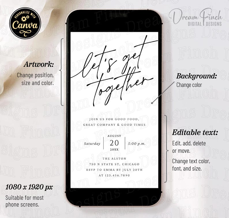 May include: A digital invitation design displayed on a smartphone screen. The invitation features the text "let's get together" in elegant script. Details include date, time, and location, with options for customization. The design is suitable for most phone screens.