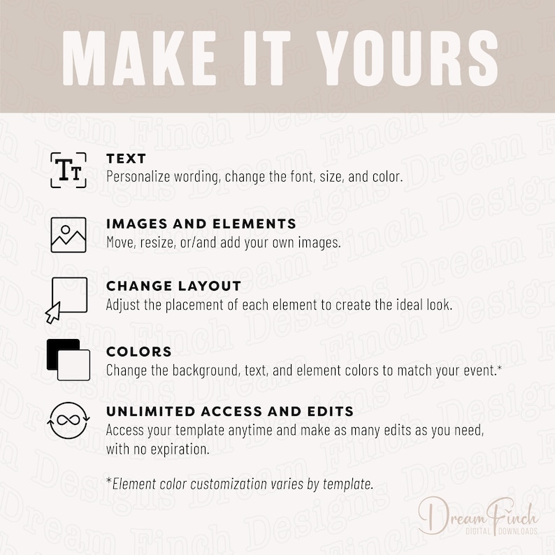 Puede incluir: Un gr&aacute;fico informativo titulado MAKE IT YOURS que enumera cinco funciones: TEXT para personalizar texto y fuentes, IMAGES AND ELEMENTS para a&ntilde;adir im&aacute;genes, CHANGE LAYOUT para ajustar la disposici&oacute;n, COLORS para cambiar colores y UNLIMITED ACCESS AND EDITS.