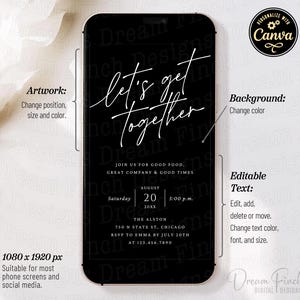 以下が含まれることがあります： 黒いスマートフォンの画面には、「let's get together」と書かれた白い文字のデジタル招待状が表示されています。招待状には、日付、時間、場所などのイベントの詳細が含まれています。このデザインは、ほとんどの携帯電話の画面やソーシャルメディアに適しています。