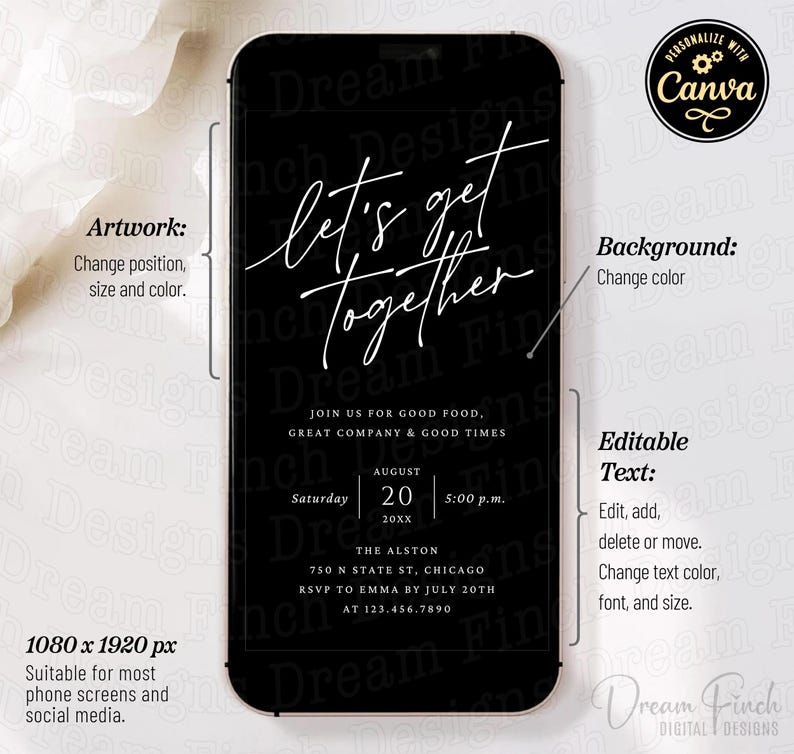 以下が含まれることがあります： 黒いスマートフォンの画面には、「let's get together」と書かれた白い文字のデジタル招待状が表示されています。招待状には、日付、時間、場所などのイベントの詳細が含まれています。このデザインは、ほとんどの携帯電話の画面やソーシャルメディアに適しています。