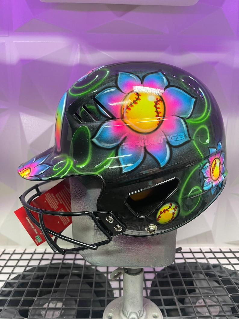 Airbrushed floral softball helmet face shield not included, purchase separately image 2