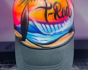Airbrushed beach scene hat