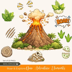 Op de afbeelding: Een digitale illustratieset met een uitbarstende vulkaan met oranje lava, omringd door groen tropisch gebladerte, dinosaurusvoetafdrukken, een fossiel, een hoop botten, een gebarsten ei met een plant en een tekstballon met de tekst ROAR!