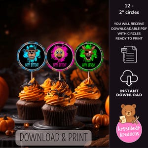 May include: Cupcakes with orange frosting and black spider decorations, topped with circular Happy Birthday toppers featuring cartoon characters. The toppers are 2 inches in diameter. The image includes text that says "Download & Print".
