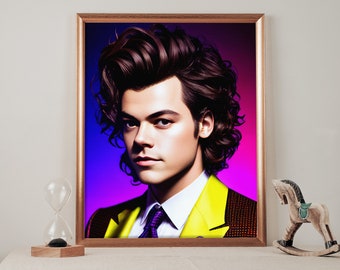 Colourful Harry Styles Wall Art Vibrant Vibrant Realistic Digital Art Wearing a Yellow Suit Long Hair Young Harry Styles Printable Design