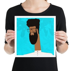 Puede incluir: Una ilustración digital de una persona con cuello largo, cabello negro, barba y gafas. La persona lleva una camisa blanca con cuello abotonado. El fondo es de color azul claro con un patrón de hojas.