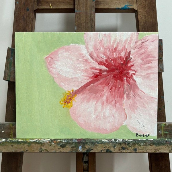 Peinture à l'huile impressionniste Fleur d'hibiscus rose Nature