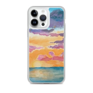 Aesthetic Watercolor Sunset Sky Clouds Ocean Sea Beach Painting iPhone Case -  7, 8, X, XS/XR, 11, 12, 13, 14, 15, 16 Pro Max Plus Mini Gift