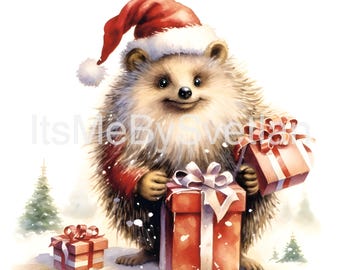 Christmas Cute Hedgehog Watercolour Clipart,Christmas Cute Baby Animals, Book Scrapping, High QualityJPG's, Commercial Use, Digital Download