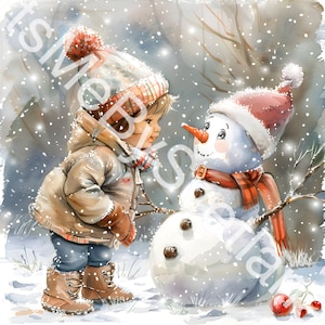 Conjunto de imágenes prediseñadas de acuarela de muñeco de nieve navideño: JPG de invierno (descarga digital)