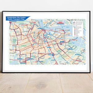 アムステルダム公共交通機関市内中心部地図 - 大きな PDF 即時ダウンロード地図 - アムステルダム地図アート - アムステルダム路面電車地図 PDF 印刷