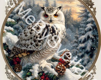 Snowy Owl Christmas Round Clipart,  Winter Landscape,  Book Scrapping, High Quality JPG's Files, Commercial Use,Digital Download.