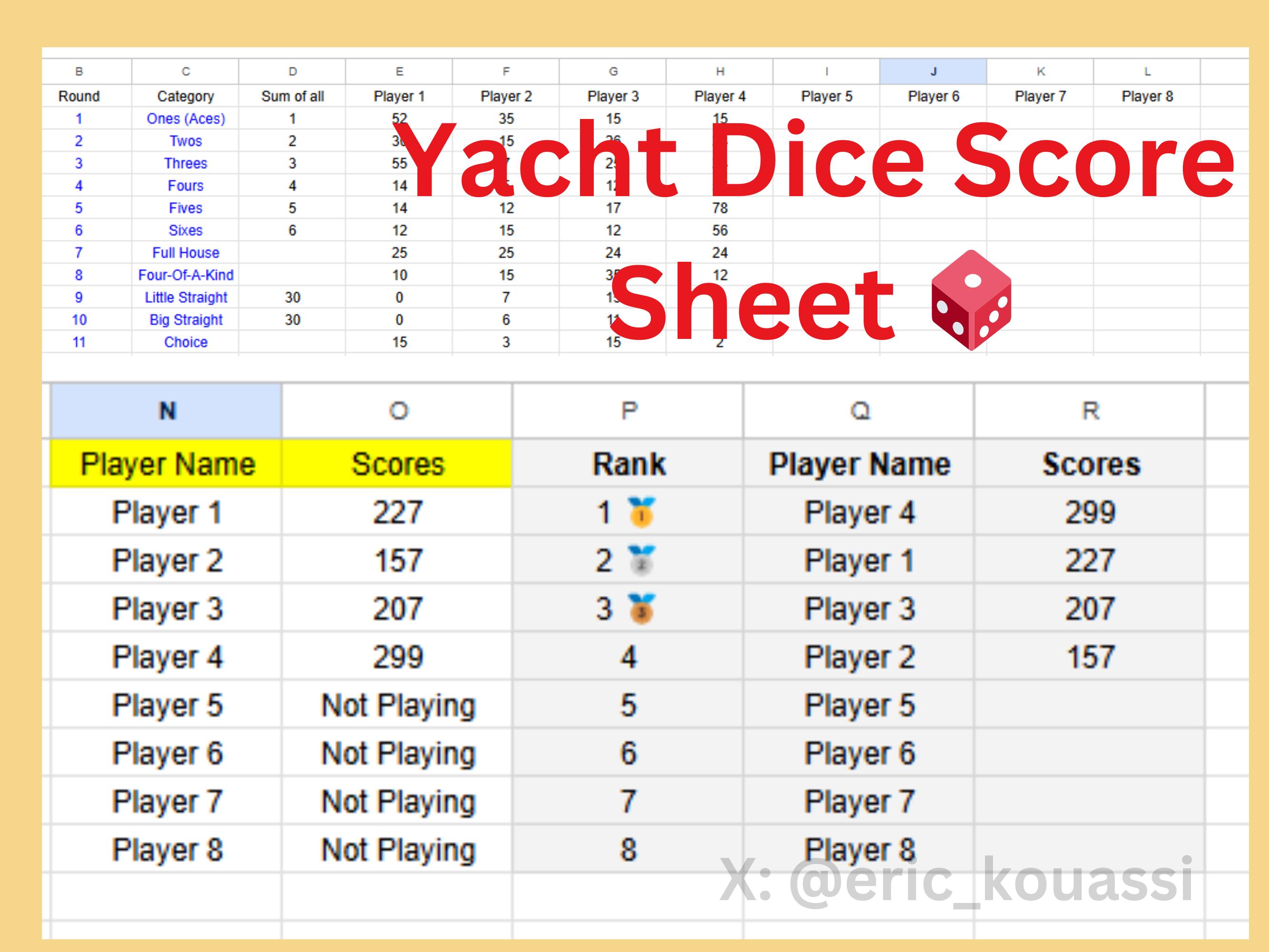 Yahtzee Dice Score Sheet | Yacht Dice Score Sheet | Calculator | 2 Dice Score Sheets Calculator | Game Score Sheet For Up to 8 Players