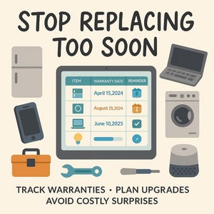 May include: An illustration with the text "STOP REPLACING TOO SOON." A tablet displays a warranty tracker with appliance icons. Other items include a refrigerator, phone, laptop, washing machine, toolbox, and speaker. The text reads "TRACK WARRANTIES • PLAN UPGRADES • AVOID COSTLY SURPRISES."