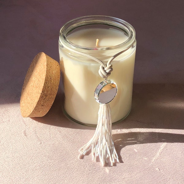 14oz Coconut Wax Candle  • Glass Jar with Cork Lid and Handmade Beaded Tassel • Gift • Mystic Mirror Muse