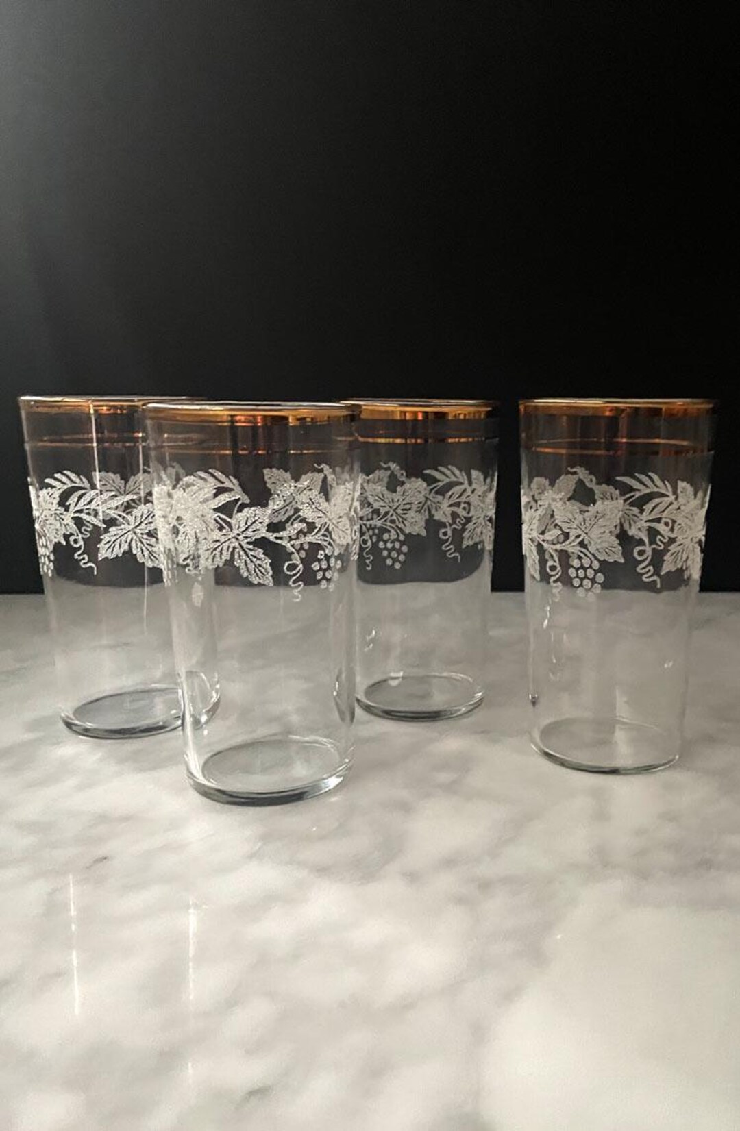 Bartlett Collins Set of 4 Midcentury Etched Grape Gold Rimmed Glasses