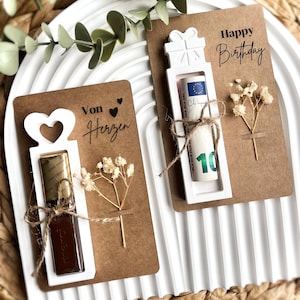 Geschenkverpackung mit Grußkarte/ Geschenkhalter/ Merci/ Geldgeschenk/ Gips/ Herz/ Brief/ Kinderschokolade/ Yogurette/ Tischdekoration