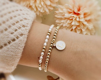 Personalisiertes Perlenarmband Set/ 14 Karat vergoldet/ gold-weiß/Süßwasser-und Gelbgoldperlen/ Partnerarmband/ Freundschaftsarmband