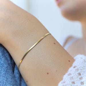 Può includere: Un braccialetto a catena d'oro con un design delicato e piatto a catena di serpente. Il braccialetto è indossato al polso.
