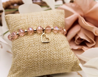 schimmerndes Facettenarmband mit Herzanhänger/Glasperlen/rosa-gold/ Perlenarmband