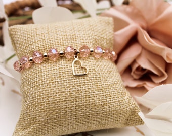 schimmerndes Facettenarmband mit Herzanhänger/Glasperlen/rosa-gold