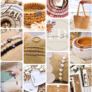 Peut inclure: Un collage d'articles faits &agrave; la main, notamment des bijoux, des paniers en crochet et un sac fourre-tout. Les bijoux comprennent des bracelets de perles, des bagues et des colliers. Les articles en crochet sont de diff&eacute;rentes couleurs, et le sac fourre-tout est de couleur marron clair. Certains articles ont le texte "Lea" et "Steffi".