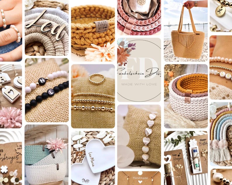 Peut inclure: Un collage d'articles faits &agrave; la main, notamment des bijoux, des paniers en crochet et un sac fourre-tout. Les bijoux comprennent des bracelets de perles, des bagues et des colliers. Les articles en crochet sont de diff&eacute;rentes couleurs, et le sac fourre-tout est de couleur marron clair. Certains articles ont le texte "Lea" et "Steffi".