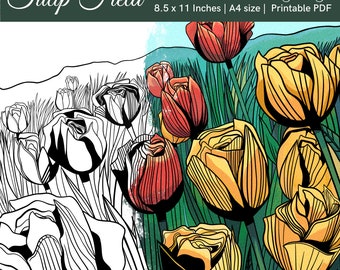 Printable Tulip Field Coloring Page For Kids and Adults | Digital Download