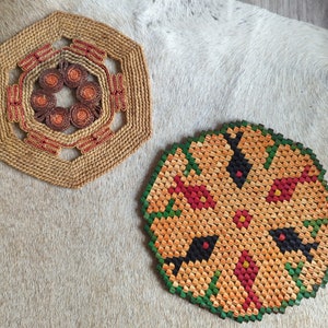 70s Raffia & Beaded Trivets | Vintage kitchen Decor| Fish and Geometric patterns