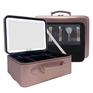 Travel Vanity Makeup Bag LED Lighted Magnifying Mirror Cosmetic Brush Storage Organizer Waterproof Train Case Leather Rose Gold Holographic