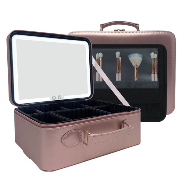 Travel Vanity Makeup Bag LED Lighted Magnifying Mirror Cosmetic Brush Storage Organizer Waterproof Train Case Leather Rose Gold Holographic