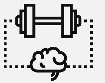 Op de afbeelding: Zwart-witte illustratie van een halter met daaronder een brein. De tekst "MUSCLE MINDSET" staat rechts van de afbeelding.