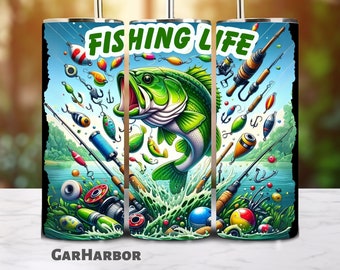 Fiskarens tumblerwrap | Sublimering av fiskeliv | 20oz rak tumblerwrap sömlös design | Digital nedladdning av PNG-fil | Lake River