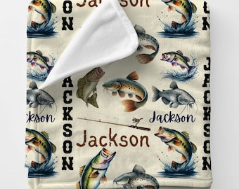 Personalized Name Bass Catfish Fishing Blanket | Toddler Kid Cuddly Blanket | Baby Shower Gift | Fishing Pole | Custom Patterned Blanket